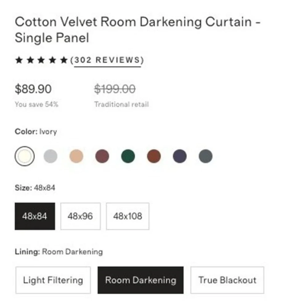 NWOT QUINCE Ivory Room Darkening Minimalist Luxe Cotton Velvet Curtain 48X84